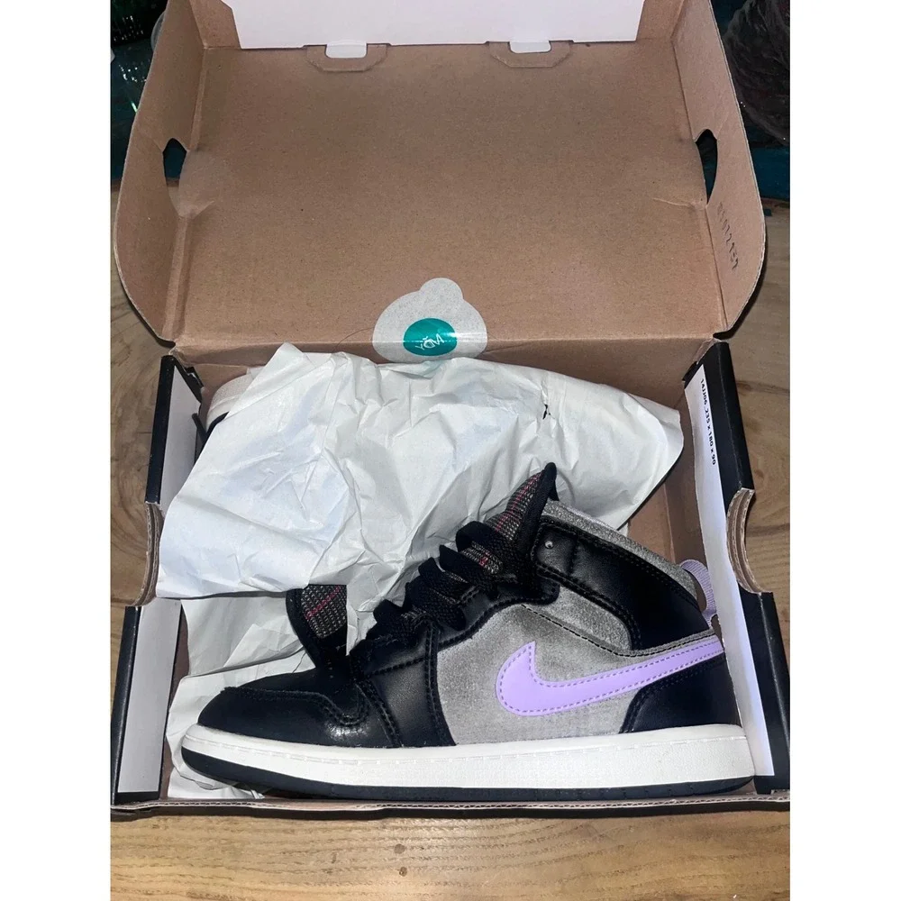 Nike Air Jordan 1 Mid Black Lilac White Plaid Sneakers DC7227-015 Kids Size 1Y